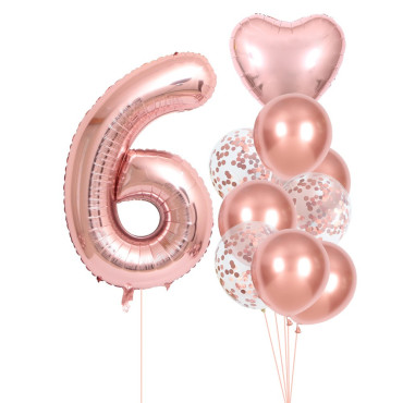 Set 10 Baloane Folie si Latex, Cyrax, Tematica Aniversare, Baloane Latex 25cm, Figurina Inimioara 45 cm, Cifra 6 de 81 cm, Ambalaj Individual, Pai Inclus, Umflare cu Aer sau Heliu, Roz Pal