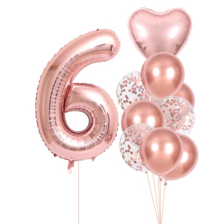 Set 10 Baloane Folie si Latex, Cyrax, Tematica Aniversare, Baloane Latex 25cm, Figurina Inimioara 45 cm, Cifra 6 de 81 cm, Ambalaj Individual, Pai Inclus, Umflare cu Aer sau Heliu, Roz Pal