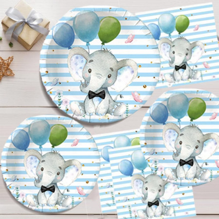Set 10 Farfurii Unica Folosinta, Cyrax, Imprimeu Elefant, din Carton, 22 cm, Albastru