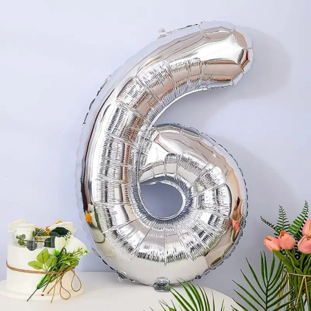 Balon din Folie Cyrax, Cifra 6, 81 cm, Pentru Aer sau Heliu, Bulk, Argintiu