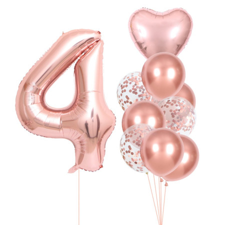 Set 10 Baloane Folie si Latex, Cyrax, Tematica Aniversare, Baloane Latex 25cm, Figurina Inimioara 45 cm, Cifra 4 de 81 cm, Ambalaj Individual, Pai Inclus, Umflare cu Aer sau Heliu, Roz Pal