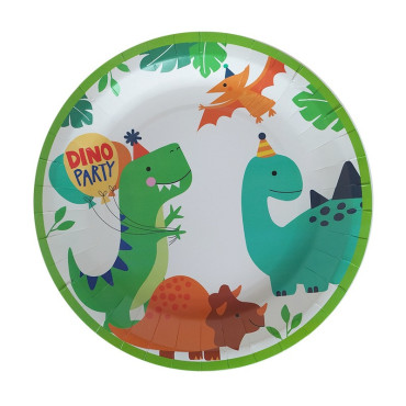 Set 10 Farfurii de Carton Happy Birthday, Cyrax, 23 cm, Tematica Aniversare, Model Dinozauri, Multicolor