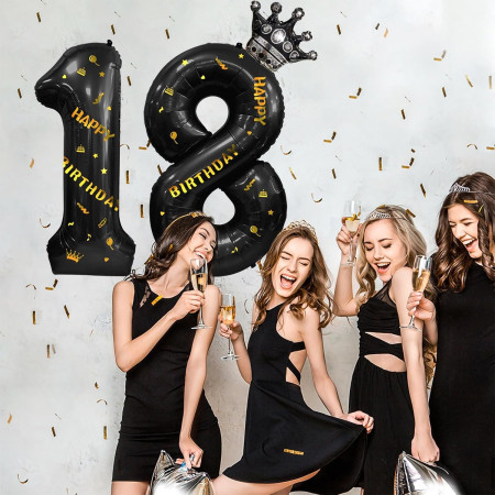 Balon din Folie Metalizata Cyrax, Figurina Cifra, Scris Happy Birthday, Tema Aniversare 100 cm, Ambalaj Individual, Pai inclus, Umflare cu Aer sau Heliu, Negru, Cifra 8