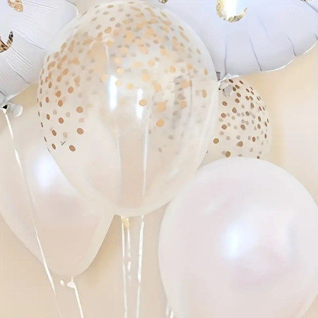 Set 12 Baloane din Folie Metalizata si din Latex, Cyrax, Model Mr Mrs, Tema Nunta, Baloane Party cu Confetti, 45 cm, 30 cm, Pai inclus, Umflare cu Aer sau Heliu, Alb/Auriu