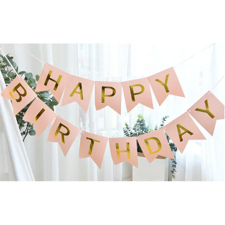 Banner Happy Birthday 100x200 cm, Cyrax, Dimensiune Stegulet 11.5x16.5 cm, Rola de Ata Inclusa, Roz