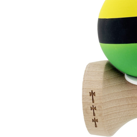 Kendama X Originala, Profesionala, Cyrax, Cupe Mari KING SIZE V3, Rubber Grip, Gaura in Baza, Rulment Metalic, din lemn 18 cm, Ata 62/65 cm, M Galben/Negru/Verde