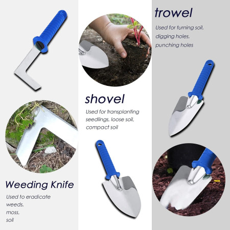Set 10 Unelte de Gradina,  pentru Plantare Prelucrare Sol si Ingrijire Plante, Manere Albastre, Material PVC si Otel Inoxidabil, Cutie Inclusa, 37x28x7 cm, Negru