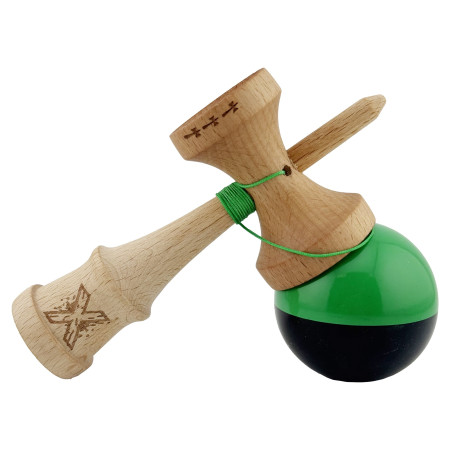 Kendama X Originala, Profesionala, Cyrax, Big Cups V2, Super Sticky cu Cupe Mari, Rulment Metalic, din lemn 18 cm, Ata 55 cm, Verde/Negru