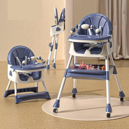 Scaun de Masa 2in1, Cyrax, pentru Copii de la 6 luni - 5 Ani, Inaltime Reglabila, Centura in 5 Puncte, Tava de Masa, Roti cu Frana, Cos Depozitare, Jucarie Inclusa, 94 x 78 x 60 cm, Albastru/Alb