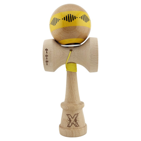 Kendama X Originala FREQUENCY, Profesionala, Cyrax, Cupe Mari KING SIZE V3, Super Sticky, Gaura in Baza, Rulment Metalic, din lemn 18 cm, Ata 55 cm, Galben/Maro