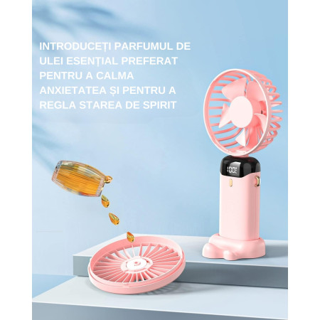 Ventilator Ultra Portabil cu Aromaterapie,  3 in 1, de Mana, de Birou, de Gat, 5 Trepte de Viteza, Incarcare USB, Autonomie 12h, Pliabil, cu Ecran LCD, Roz