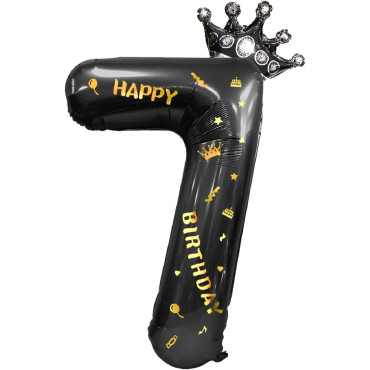 Balon din Folie Metalizata Cyrax, Figurina Cifra si Coroana, Scris Happy Birthday, Tema Aniversare 100 cm, Ambalaj Individual, Pai inclus, Umflare cu Aer sau Heliu, Negru, Cifra 7