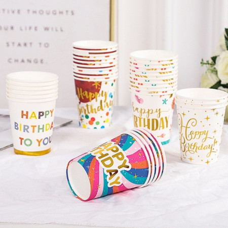 Set 10 Pahare, Cyrax, Imprimeu Happy Birthday Baloane, din Carton, 250 ml, 7.5 x 8.5 x 5.2 cm, Multicolor