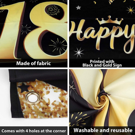 Banner pentru Petrecere, Cyrax, Model Happy Birthday, Tematica Majorat, Aniversare 18 Ani, 185x90 cm, Negru
