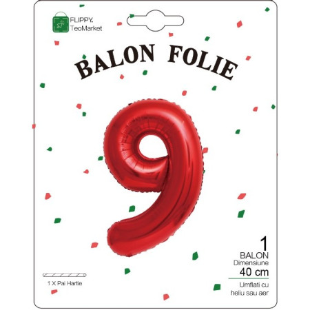 Balon din Folie Metalizata Cyrax, Figurina Cifra, Tema Aniversare 40 cm, Ambalaj Individual, Pai inclus, Umflare cu Aer sau Heliu, Rosu, Cifra 9