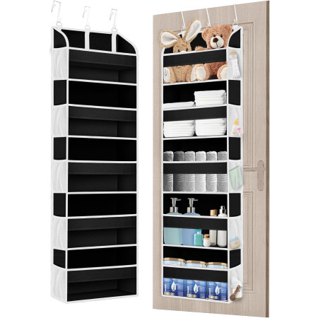 Organizator Suspendat pentru Usi,  din Nailon si Plasa, Baza de Carton Ingrosat, 5 Buzunare Principale + 10 Buzunare Laterale, 140 x 39 x 17 cm, 3 Carlige Incluse, Negru