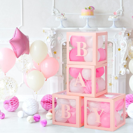 Set 4 Cutii pentru Baloane, Cyrax, Model Scris Baby, Tematica Iubire, Cuburi Decorative din Plastic, Accesorii pentru Petrecere, 30 x30 cm, Transparente Contur Roz