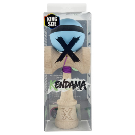 Kendama X Originala, Profesionala, Cyrax, Cupe Mari KING SIZE V3, Rubber Grip, Gaura in Baza, Rulment Metalic, din lemn 18 cm, Ata 62/65 cm, M Bleu/Negru/Bleu