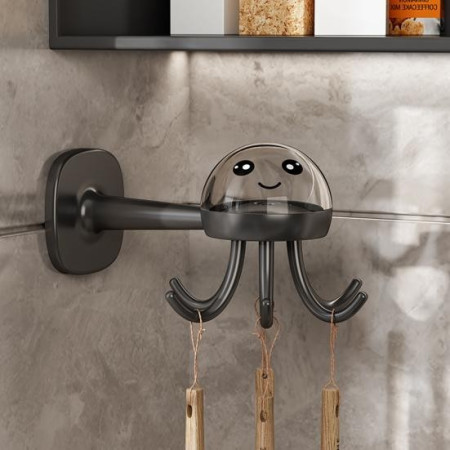 Suport Cuier pentru Perete,  Model Caracatita, Adeziv, 10 x 8.5 cm, 6 Brate, Gri