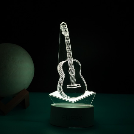 Lampa LED decorativa,  3D, Chitara, din material acril si lumina multicolora, alb