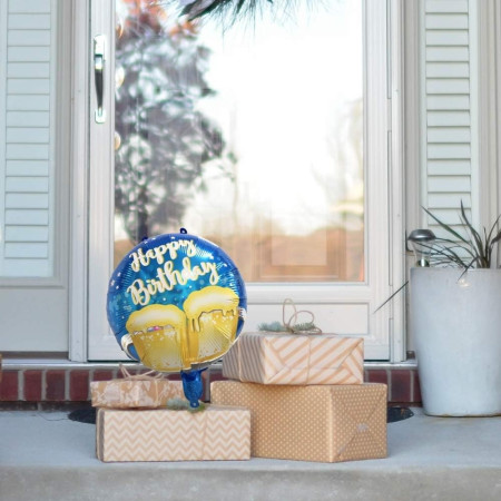 Balon din Folie Metalizata, Cyrax, Mini Figurina Rotunda, Model Halbe de Bere, Happy Birthday, Tematica Aniversare, 45 cm, Ambalaj Individual, Pai Inclus, Umflare cu Aer sau Heliu, Albastru