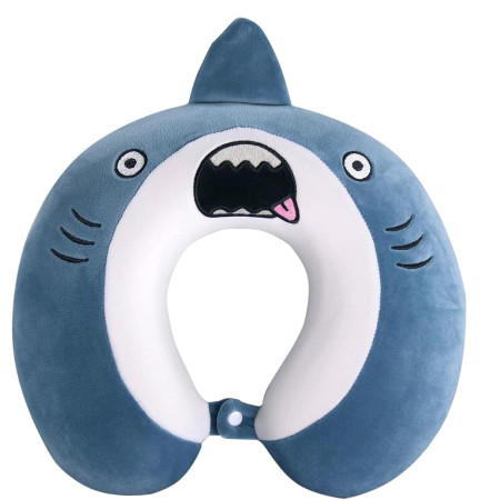 Perna de Calatorie in Forma de U,  Pentru Gat si Cap, Umplutura din Spuma cu Memorie, 30x30 cm, Model Rechin, Accesoriu de Voiaj, Birou, Masina, Sistem Prindere Capse, Albastru
