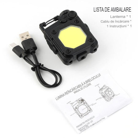 Lanterna Mini de Buzunar Tip Breloc,  Incarcare prin USB Type C, Multifunctionala, pentru Exterior, Camping, Alpinism, Ciclism, Mini Lanterna Elvis, 6.1 x 5 x 2.5 cm, Lumina Puternica, Culoare Negru