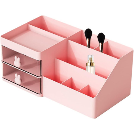 Cutie de Depozitare pentru Birou,  Pentru Makeup, Papetarie, Organizator Cosmetice, 2 Sertare si Compartimente Multiple, Model Iepuras, Plastic, 27.5x15.5x12 cm, Roz
