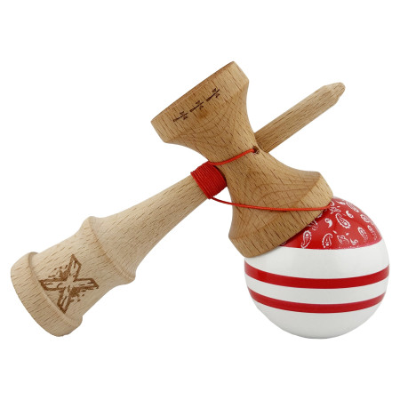 Kendama X CHICANOS Originala, Profesionala, Cyrax, Big Cups V2, Super Sticky cu Cupe Mari, Rulment Metalic, din lemn 18 cm, Ata 55 cm, Rosu/Alb