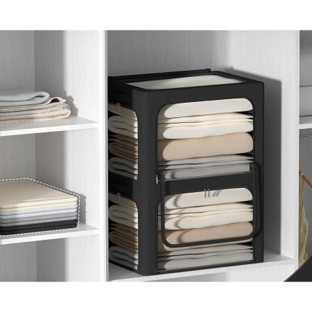 Cutie de Depozitare,  cu 3 Ferestre cu Fermoar Bidirectional, Cadru din Otel, Impermeabil, 38L, 42 x 30 x 30 cm, Negru