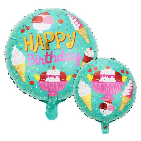 Balon din Folie Metalizata, Cyrax, Mini Figurina Rotunda, Model Inghetata, Happy Birthday, Tematica Aniversare, 45 cm, Ambalaj Individual, Pai Inclus, Umflare cu Aer sau Heliu, Verde