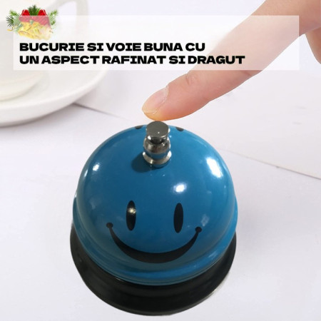 Clopotel Metalic Multifunctional, Cyrax, Albastru Deschis cu Imprimeu Smiley Face, 7.5x7.5x6.5 cm, Receptie, Restaurant