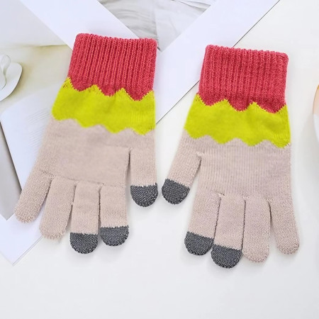 Manusi de Dama,  Model Ondulat, Functie Touchscreen (ecran tactil), Material Acril Tricotat, Manseta Elastica, Interior Catifelat, Marime Universala, Galben/Roz