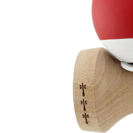 Kendama X Originala, Profesionala, Cyrax, Rubber Grip, Cupe Mari KING SIZE V3, Gaura in Baza, Rulment Metalic, din lemn 18 cm, Ata 62/65 cm, Bicolor Rosu/Alb