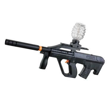 Mitraliera de jucarie electrica Cyrax cu bile de hidrogen de gel, gun bluster, tragere in rafala, varsta peste 6 ani, ochelari de protectie, 5000 de bile incluse, cablu de incarcare, 28x31 cm, AUG, negru