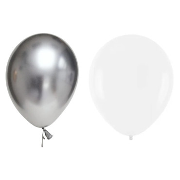Set 10 Baloane din Latex Metalizate, Cyrax, Model Party, Alb, Argintiu, 23 cm, 2.2 g