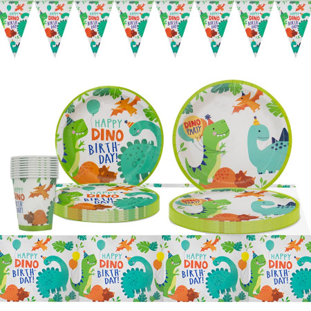 Set 10 Farfurii de Carton Happy Birthday, Cyrax, 23 cm, Tematica Aniversare, Model Dinozauri, Multicolor