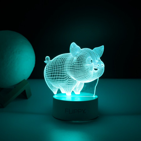 Lampa LED decorativa,  3D, Porcusor Gras, din material acril si lumina multicolora, alb