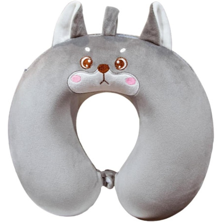 Perna de Calatorie in Forma de U,  Pentru Gat si Cap, Umplutura din Spuma cu Memorie, 30x30 cm, Model Husky, Accesoriu de Voiaj, Birou, Masina, Sistem Prindere Capse, Gri