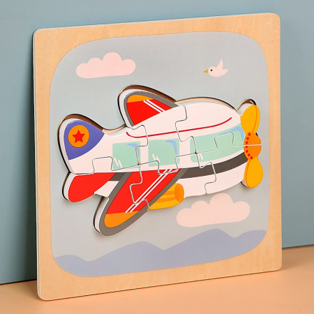 Puzzle Montessori din Lemn pentru Copii, Cyrax, 3D, 0-3 Ani, Model Avion, Educativ, Intuitiv, Creativ, 6 Piese, 15x15x0.5 cm, Multicolor