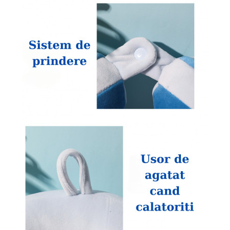 Perna de Calatorie,  Pentru Gat si Cap, Umplutura din Bumbac, 28x28x10 cm, cu Model Brodat Delfin, Albastru