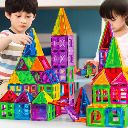 Set 120 de Piese Magnetice de Constructie, Cyrax, Piese Mari, Magnetic Tiles, Forme Geometrice, 3 Ani, ABS, Magnet, 20.5 x 14.5 x 12 cm, Multicolor