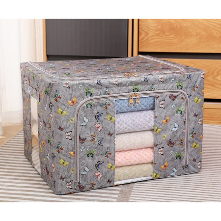Cutie Depozitare,  66L, din Material Textil, 50 x 40 x 33 cm, pentru Haine si Lenjerii, Model Fluturasi, Gri Inchis