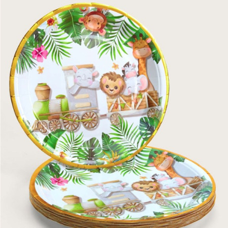 Farfurii Cartonate pentru Petreceri, Cyrax, Farfurii cartonate de unica Folosinta pentru Zile de Nastere, Model Safari cu animale, set 10 buc, Diametru 23 cm, Multicolor