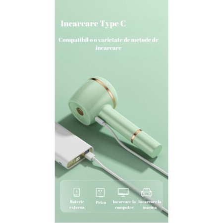 Aparat Pentru Curatat Scame, Par Si Praf,  Pentru Diferite Tipuri De Material, Cu Lame Din Otel Inoxidabil, Incarcare Prin USB Type-C, Cu Perie De Curatare, Cablu USB Si Stick Cu Lipici Incluse, Verde, 220 x 86 mm