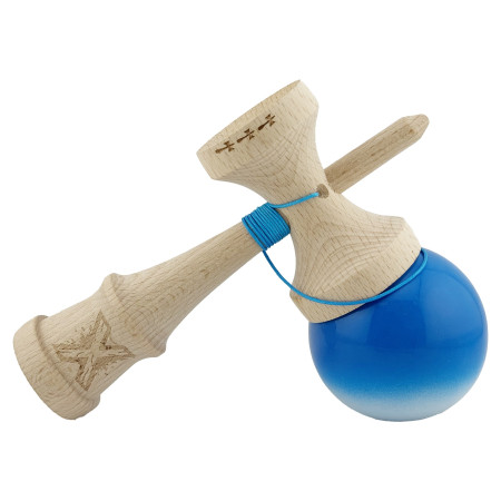 Kendama X Originala, Profesionala, Cyrax, Big Cups V2, Super Sticky cu Cupe Mari, din lemn 18 cm, Rulment Metalic cu Ata 55 cm, Albastru/Alb