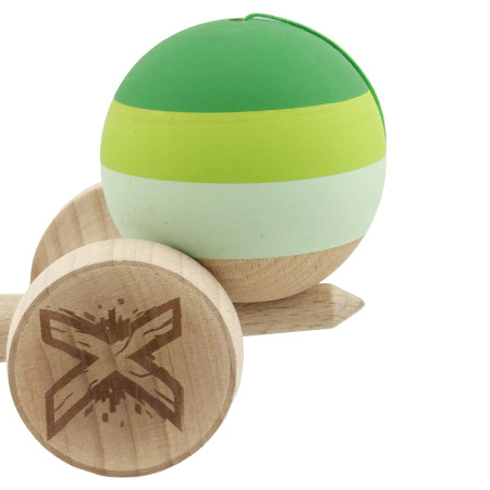 Kendama X Originala, Profesionala, Cyrax, Rubber Grip, Cupe Mari KING SIZE V3, Gaura in Baza, Rulment Metalic, din lemn 18 cm, Ata 62/65 cm, Special Verde degrade