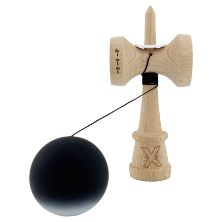 Kendama X Originala, Profesionala, Cyrax, Cupe Mari KING SIZE V3, Rubber Grip, Gaura in Baza, Rulment Metalic, din lemn 18 cm, Ata 62/65 cm, Gradient Negru/Alb