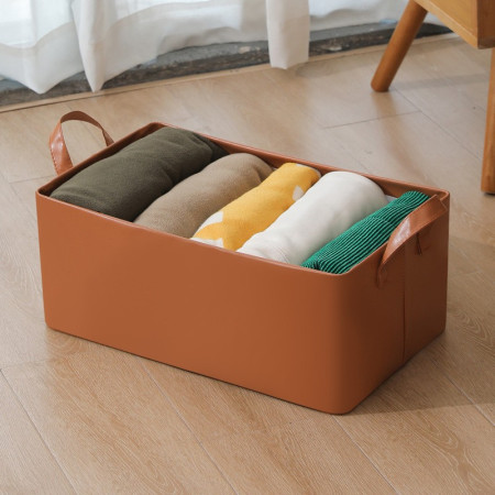 Cutie de Depozitare Tip Cos,  Material Piele Ecologica, Pliabila, 47x28x20 cm, 26 l, Cadru Metalic, cu Manere, Maro