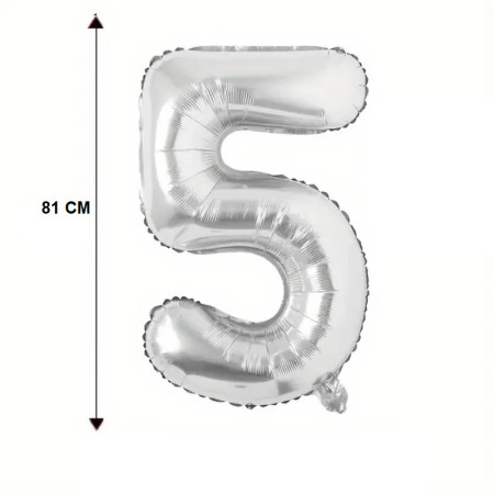 Balon din Folie Cyrax, Cifra 5, 81 cm, Pentru Aer sau Heliu, Bulk, Argintiu